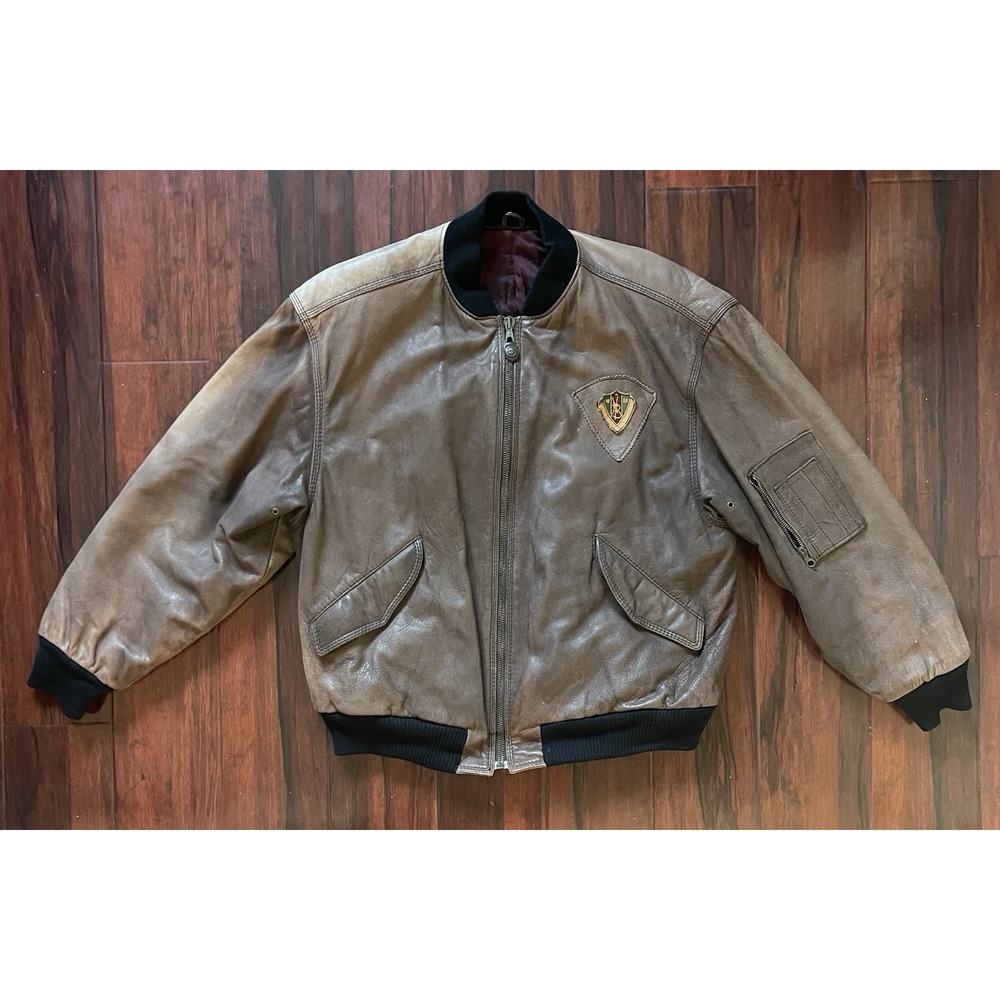 Vintage Hugo Boss Leather Bomber Jacket Mens Large EU 52 Patina Flight Crest 90s